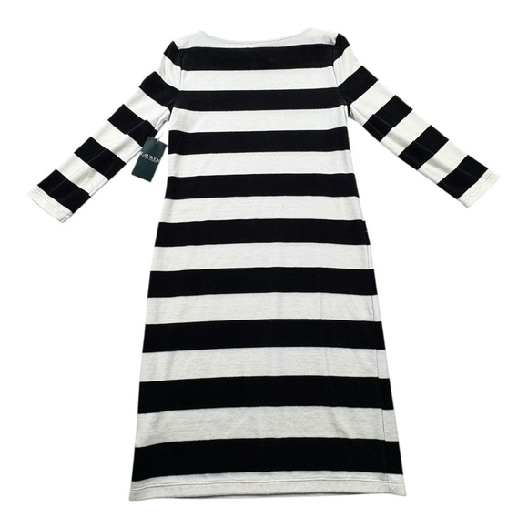 Lauren Ralph Lauren Black White Stripe Knit Dress 3/4 Sleeve Size Small NWT - Picture 2 of 8
